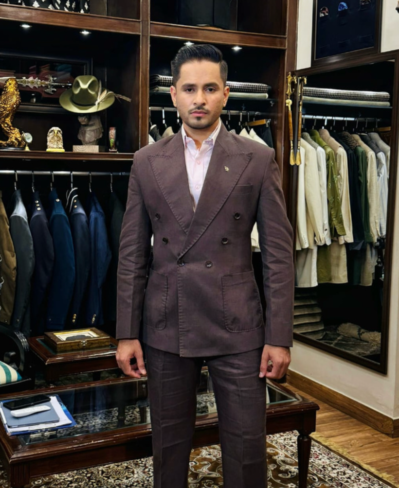 Linen Double-Breasted Suit with Patch Pockets and Hand Overstitches