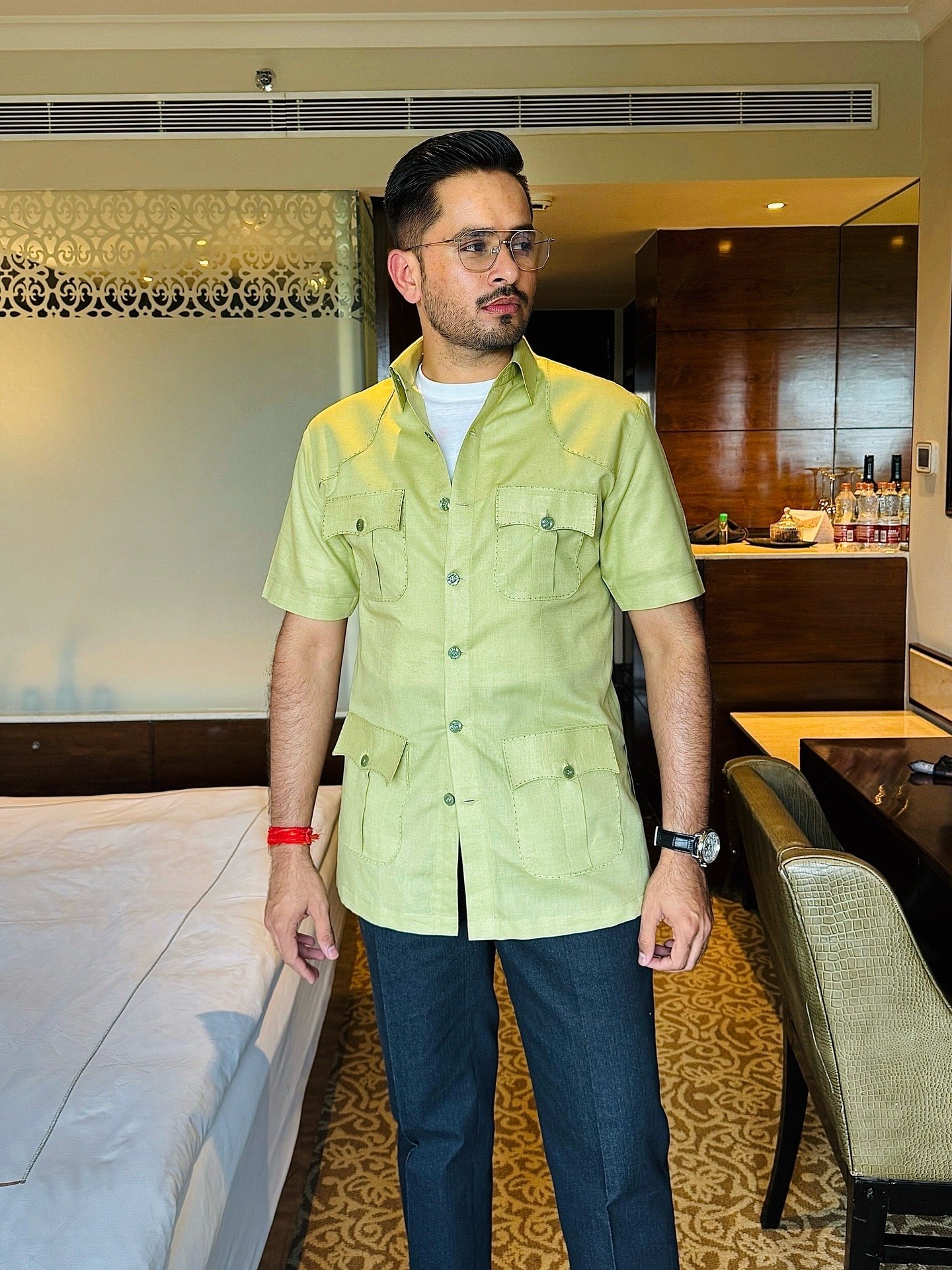 Safari Half-Sleeve Hunting Shirt with Hand Overstitches