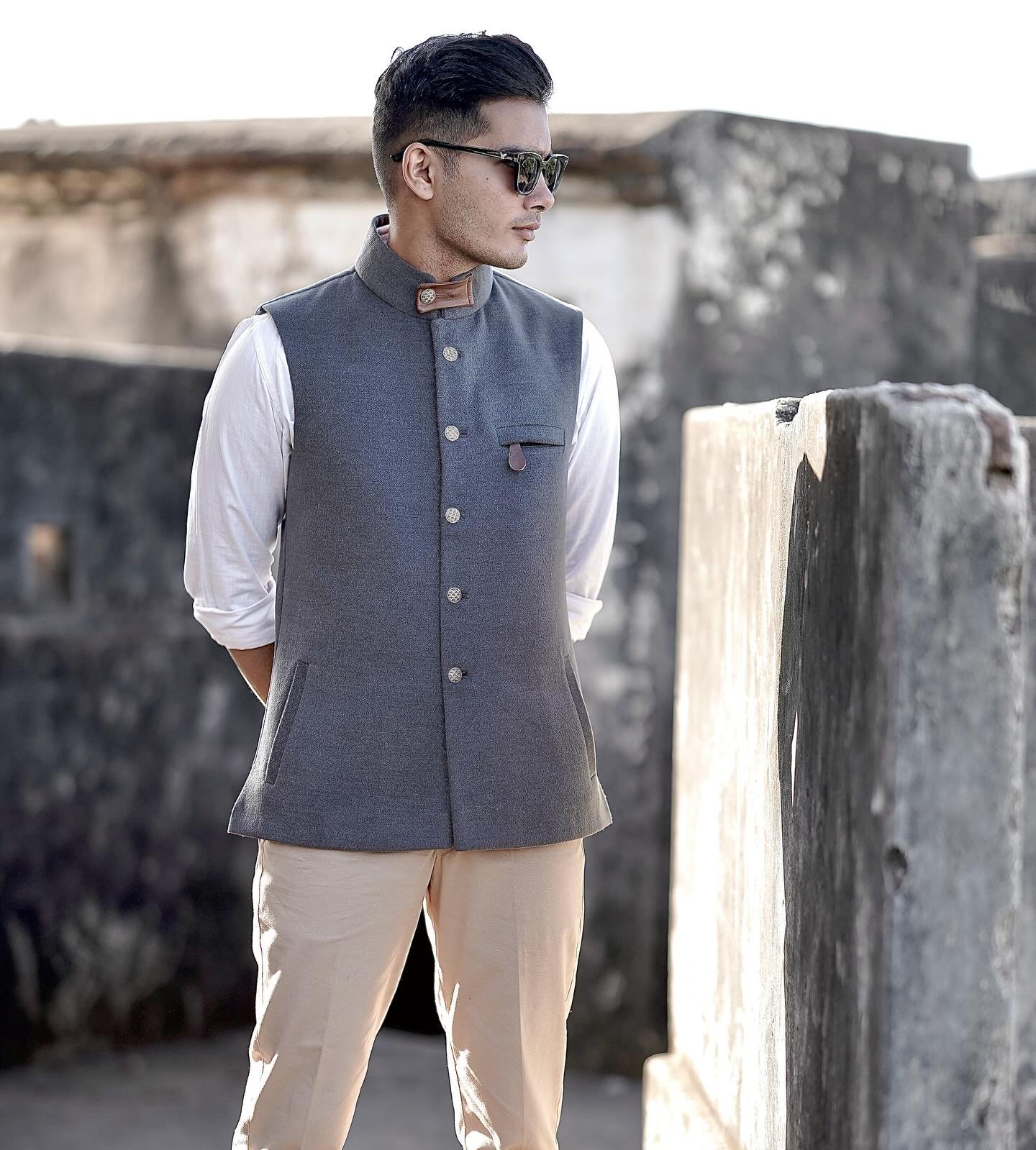 Charcoal Grey Bandhgala Half Jacket